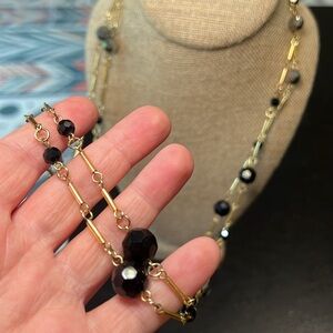 Long Art Deco Style Gold Faceted Beaded Black Metallic Glass Flapper Necklace
